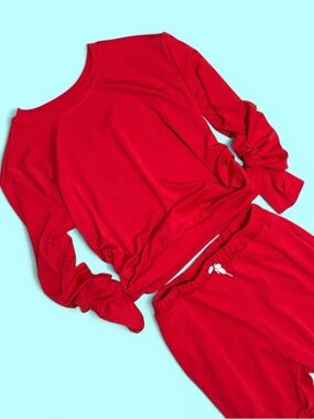 Red Ruched Lounge Set Crop Top Jogger Pants Medium Fits Small